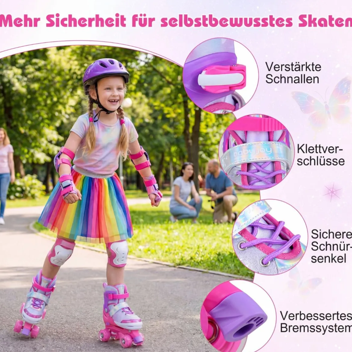 Rollschuhe Verstellbar in 4 Größen EU 34-37 Quad Skates mit 4 euchtenden Rädern Blau/Rosa