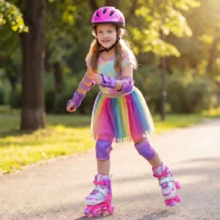 Rollschuhe Verstellbar in 4 Größen EU 34-37 Quad Skates mit 4 euchtenden Rädern Blau/Rosa