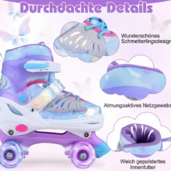 Rollschuhe Verstellbar in 4 Größen EU 34-37 Quad Skates mit 4 euchtenden Rädern Blau/Rosa