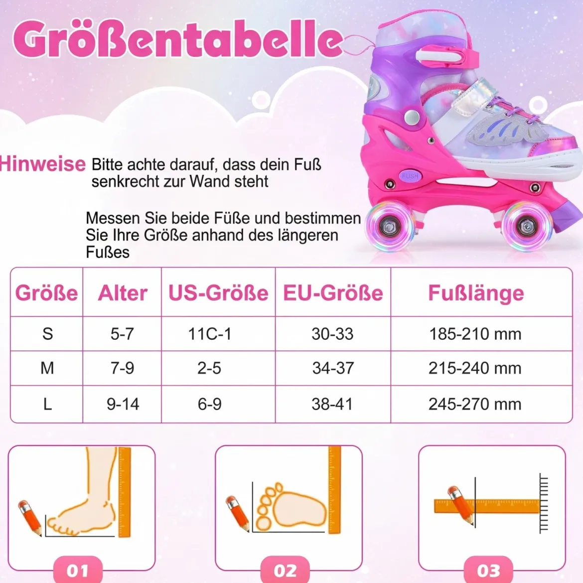 Rollschuhe Verstellbar in 4 Größen EU 34-37 Quad Skates mit 4 euchtenden Rädern Blau/Rosa