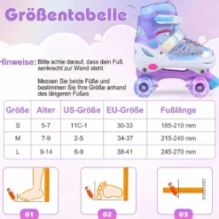 Rollschuhe Verstellbar in 4 Größen EU 34-37 Quad Skates mit 4 euchtenden Rädern Blau/Rosa