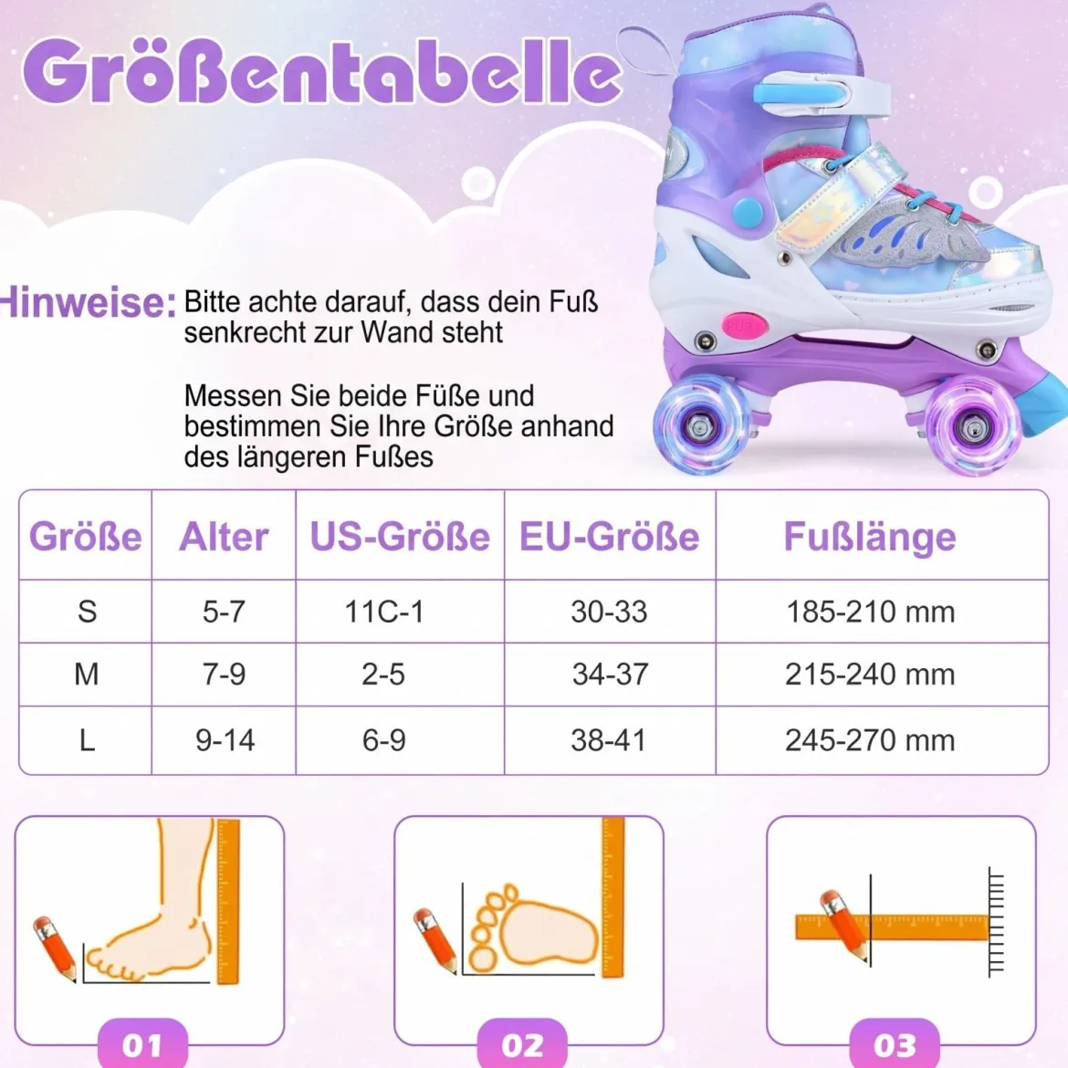 Rollschuhe Verstellbar in 4 Größen EU 34-37 Quad Skates mit 4 euchtenden Rädern Blau/Rosa