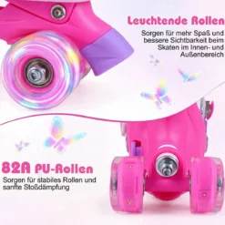 Rollschuhe Verstellbar in 4 Größen EU 34-37 Quad Skates mit 4 euchtenden Rädern Blau/Rosa