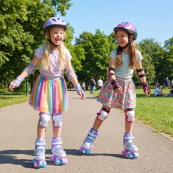 Rollschuhe Verstellbar in 4 Größen EU 34-37 Quad Skates mit 4 euchtenden Rädern Blau/Rosa