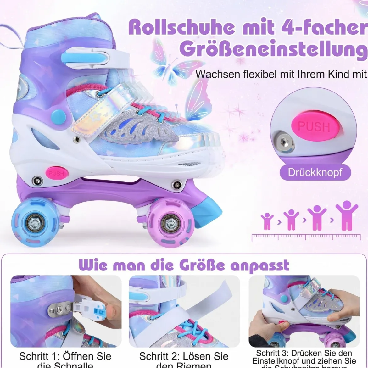 Rollschuhe Verstellbar in 4 Größen EU 34-37 Quad Skates mit 4 euchtenden Rädern Blau/Rosa
