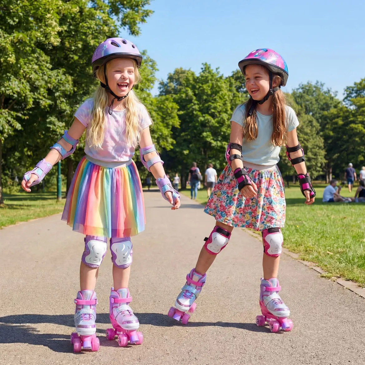 Rollschuhe Verstellbar in 4 Größen EU 34-37 Quad Skates mit 4 euchtenden Rädern Blau/Rosa