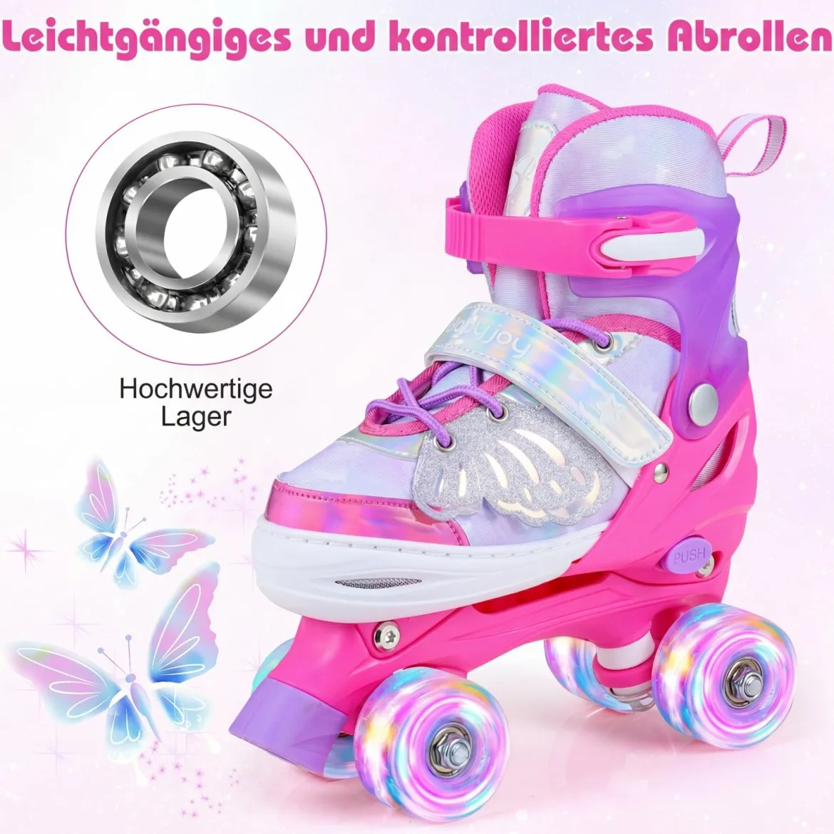 Rollschuhe Verstellbar in 4 Größen EU 34-37 Quad Skates mit 4 euchtenden Rädern Blau/Rosa