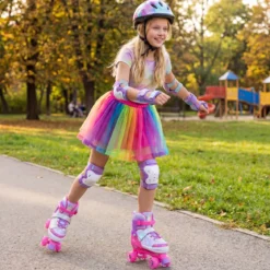 Rollschuhe verstellbar in 4 Größen EU 38-41 Quad Skates mit 4 Leuchtenden Rädern Blau/Rosa