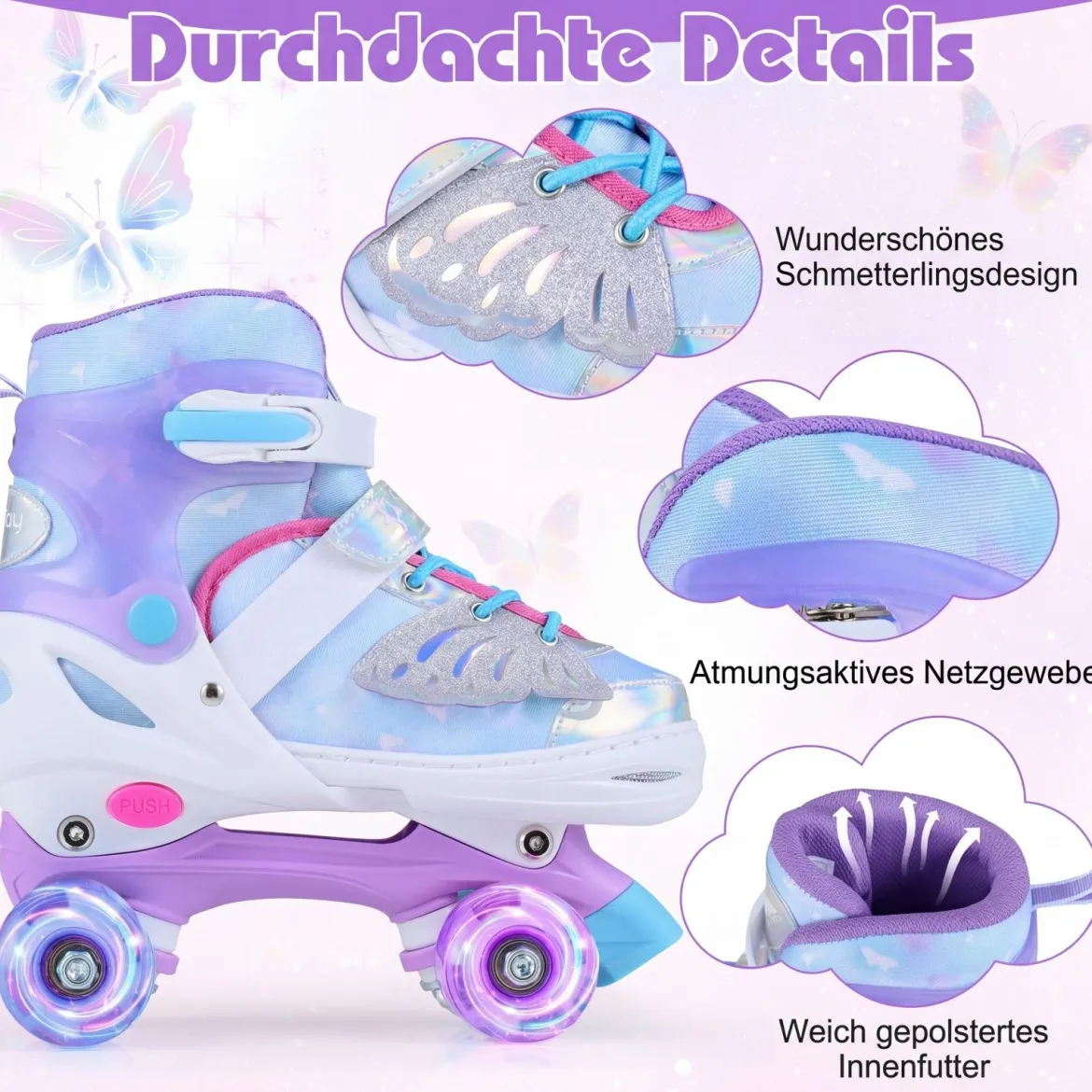 Rollschuhe verstellbar in 4 Größen EU 38-41 Quad Skates mit 4 Leuchtenden Rädern Blau/Rosa