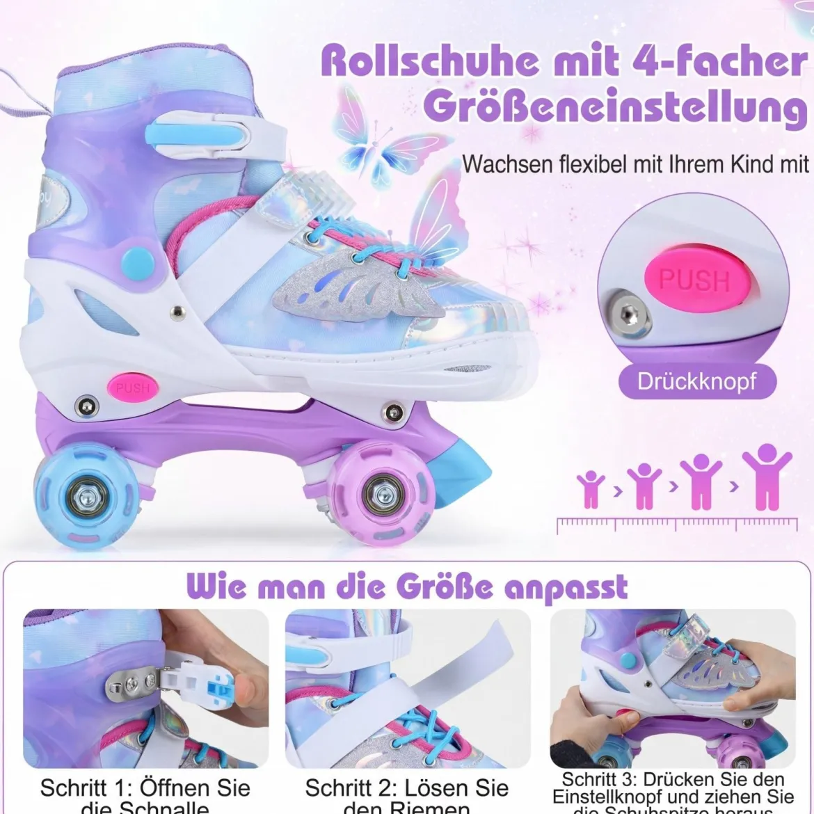 Rollschuhe verstellbar in 4 Größen EU 38-41 Quad Skates mit 4 Leuchtenden Rädern Blau/Rosa