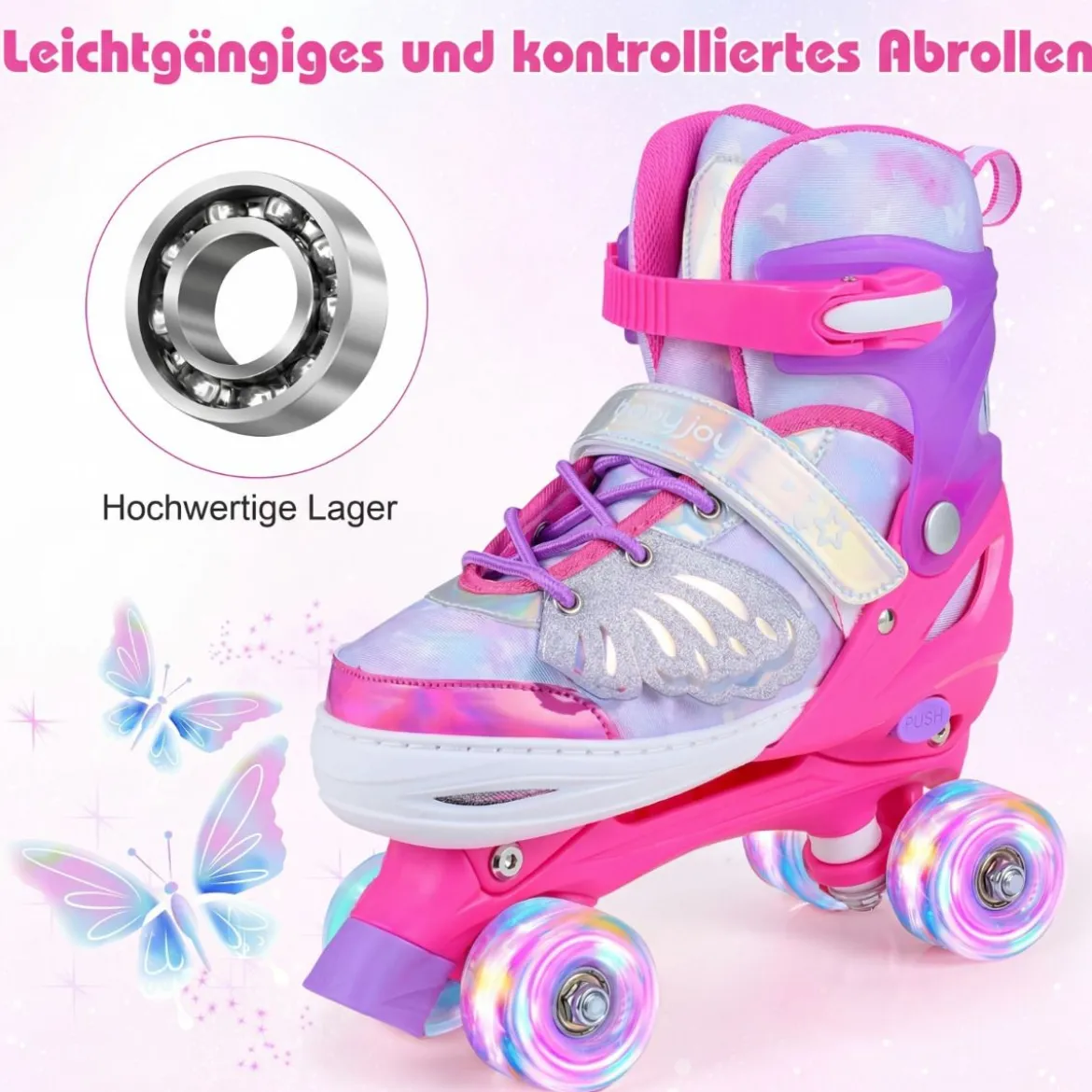 Rollschuhe verstellbar in 4 Größen EU 38-41 Quad Skates mit 4 Leuchtenden Rädern Blau/Rosa