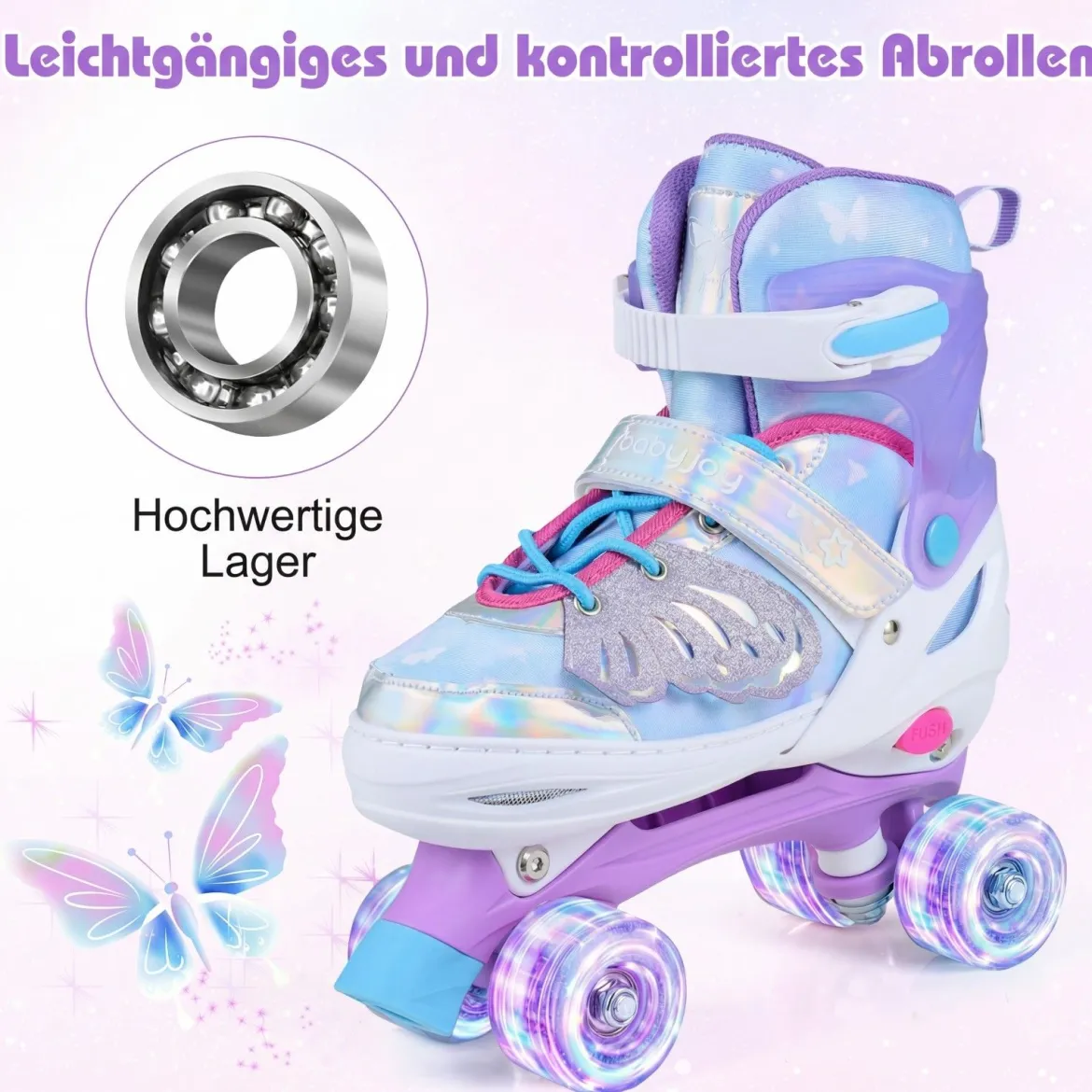 Rollschuhe verstellbar in 4 Größen EU 38-41 Quad Skates mit 4 Leuchtenden Rädern Blau/Rosa