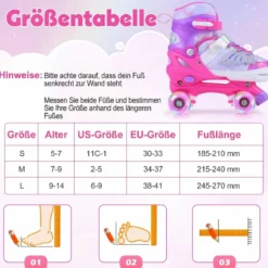 Rollschuhe verstellbar in 4 Größen EU 38-41 Quad Skates mit 4 Leuchtenden Rädern Blau/Rosa