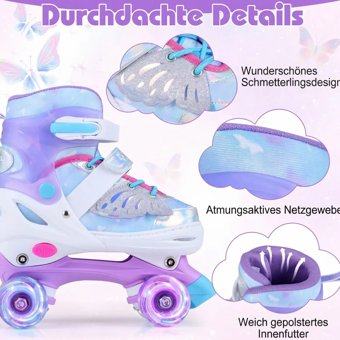 Rollschuhe Verstellbar in 4 Größen EU 30-33 Quad Skates mit 4 Leuchtenden Rädern Blau/Rosa