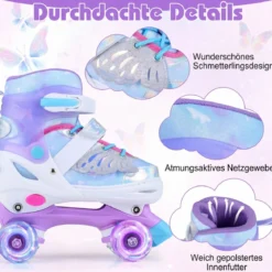 Rollschuhe Verstellbar in 4 Größen EU 30-33 Quad Skates mit 4 Leuchtenden Rädern Blau/Rosa