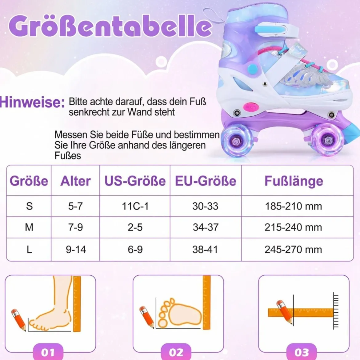 Rollschuhe Verstellbar in 4 Größen EU 30-33 Quad Skates mit 4 Leuchtenden Rädern Blau/Rosa