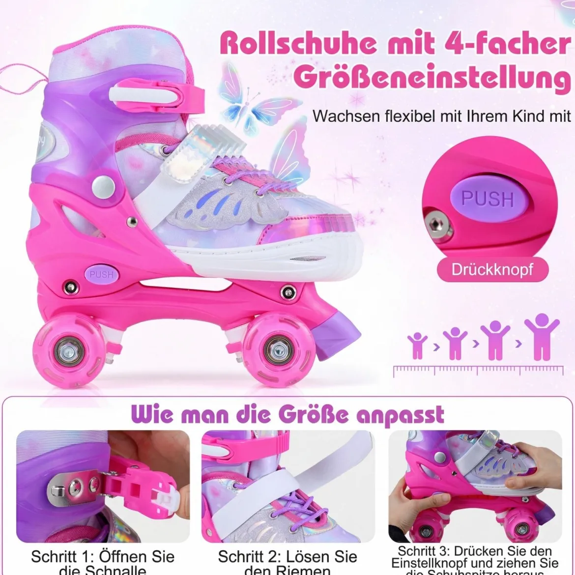 Rollschuhe Verstellbar in 4 Größen EU 30-33 Quad Skates mit 4 Leuchtenden Rädern Blau/Rosa