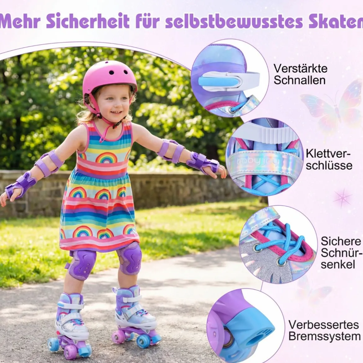 Rollschuhe Verstellbar in 4 Größen EU 30-33 Quad Skates mit 4 Leuchtenden Rädern Blau/Rosa