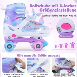Rollschuhe Verstellbar in 4 Größen EU 30-33 Quad Skates mit 4 Leuchtenden Rädern Blau/Rosa