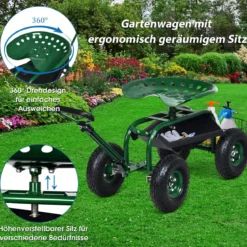Rollsitz mit Rollen & Ausziehbarem Griff & Korb 360° Drehbare Gartenwagen Gartensitz Gartenrollsitz