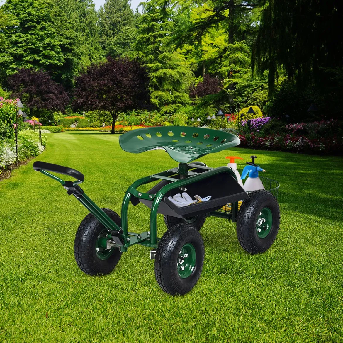 Rollsitz mit Rollen & Ausziehbarem Griff & Korb 360° Drehbare Gartenwagen Gartensitz Gartenrollsitz