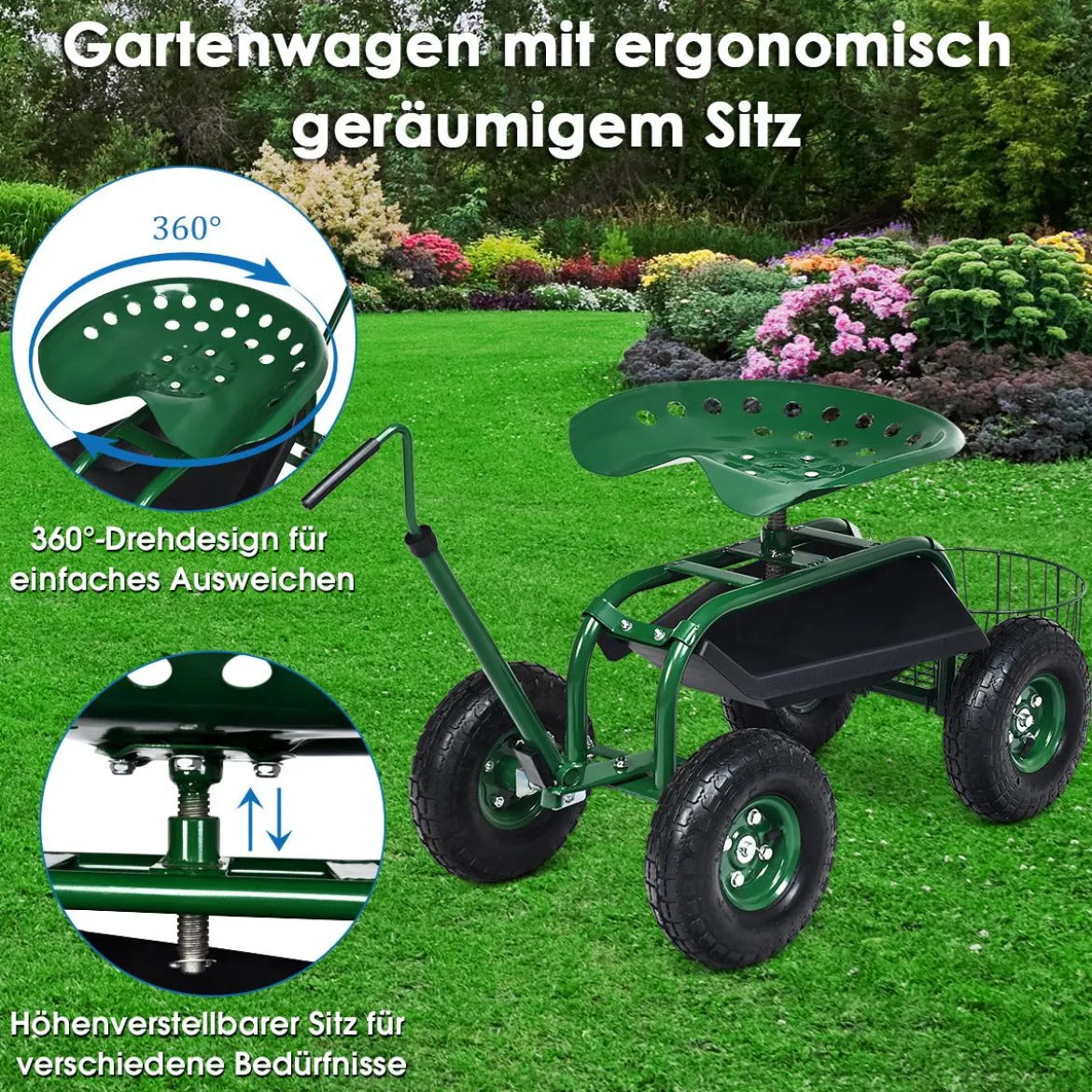 Rollsitz mit Rollen & Ausziehbarem Griff & Korb 360° Drehbare Gartenwagen Gartensitz Gartenrollsitz