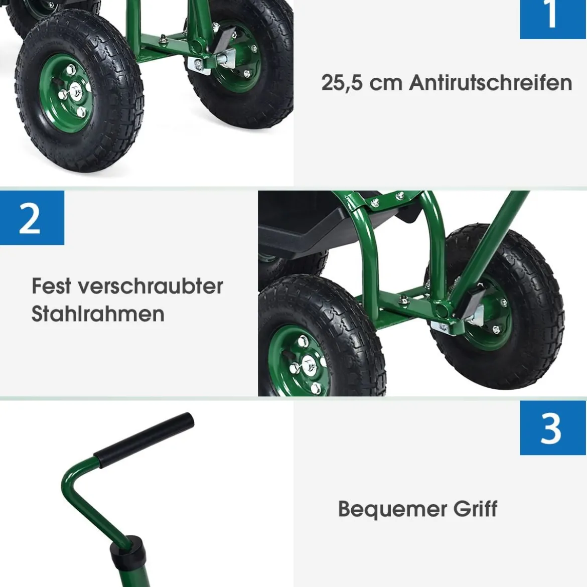 Rollsitz mit Rollen & Ausziehbarem Griff & Korb 360° Drehbare Gartenwagen Gartensitz Gartenrollsitz