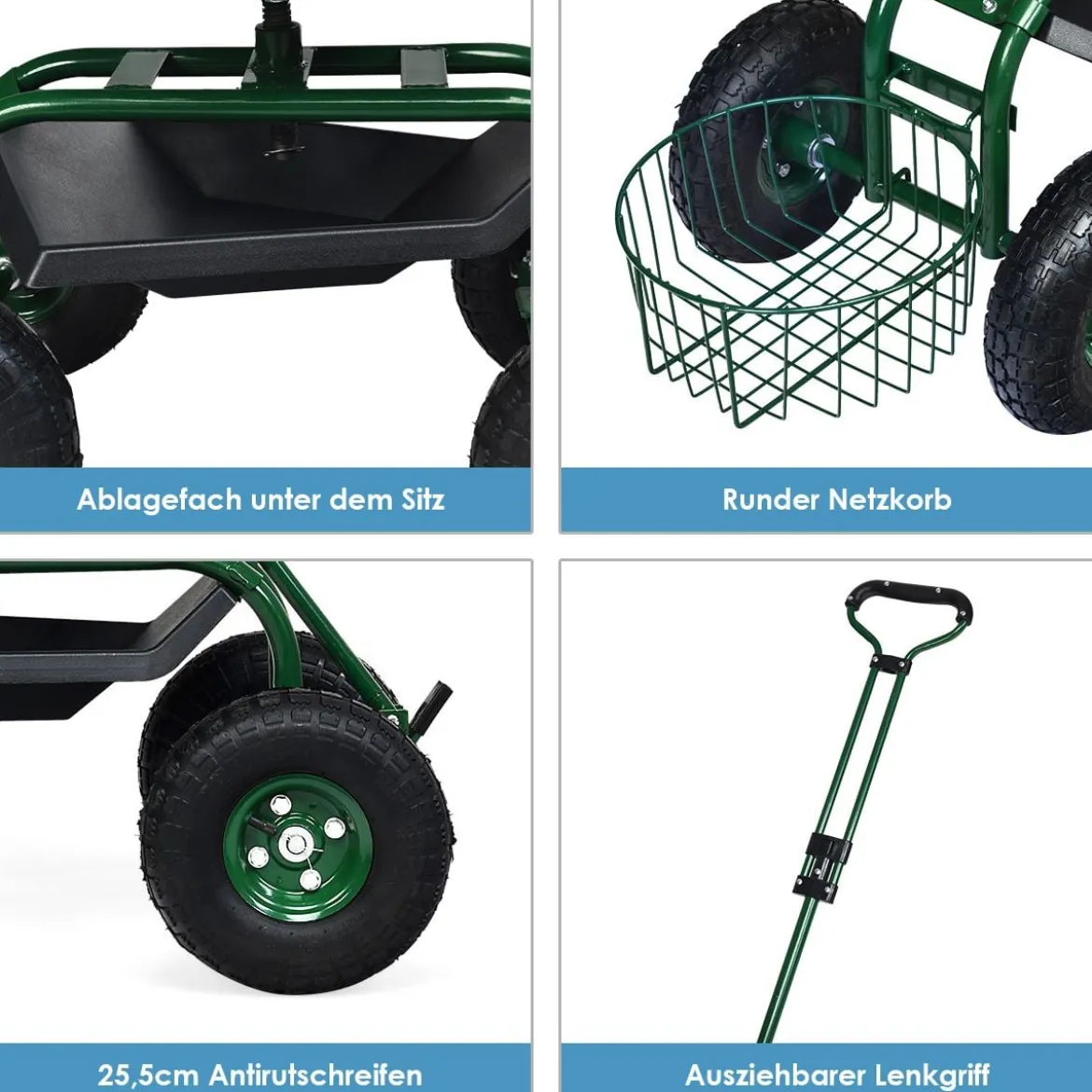 Rollsitz mit Rollen & Ausziehbarem Griff & Korb 360° Drehbare Gartenwagen Gartensitz Gartenrollsitz