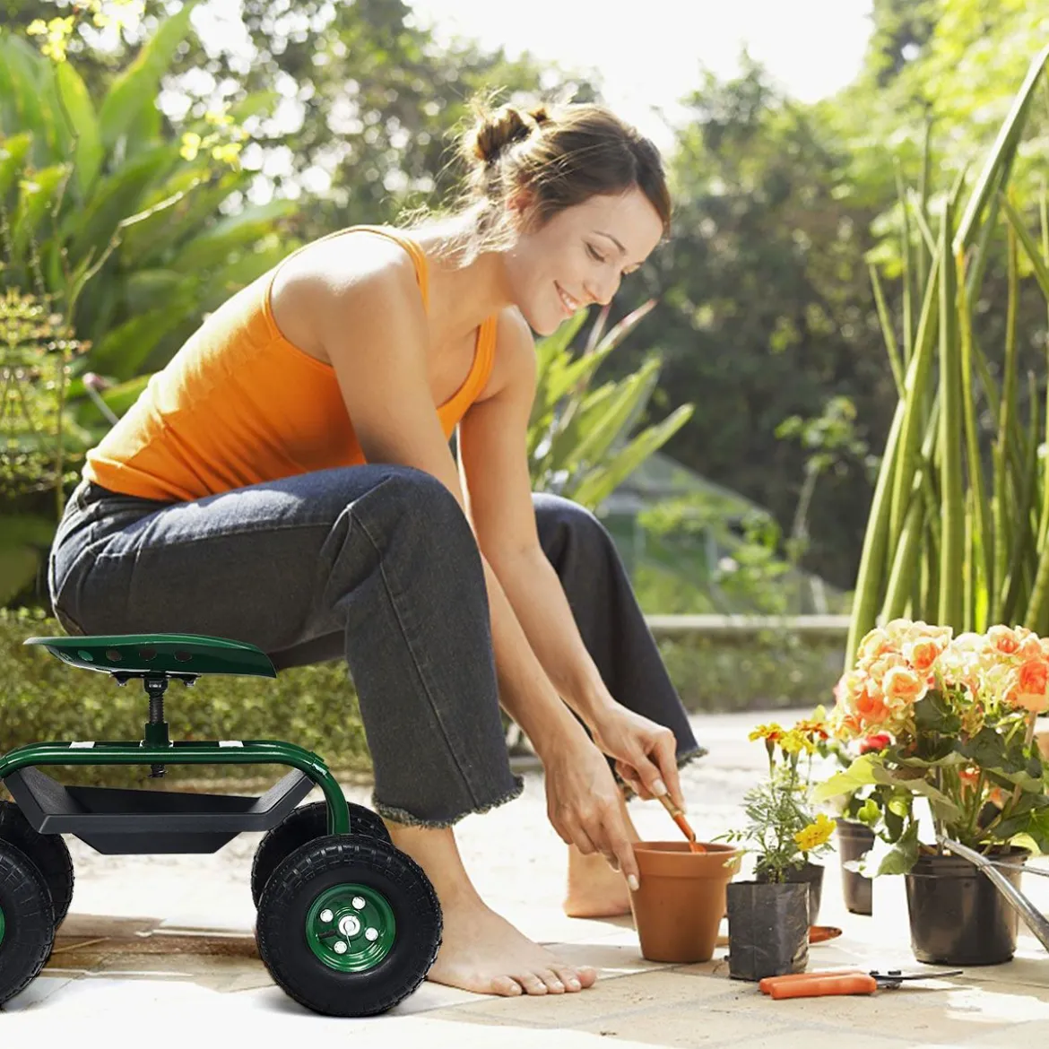 Rollsitz mit Rollen & Ausziehbarem Griff & Korb 360° Drehbare Gartenwagen Gartensitz Gartenrollsitz