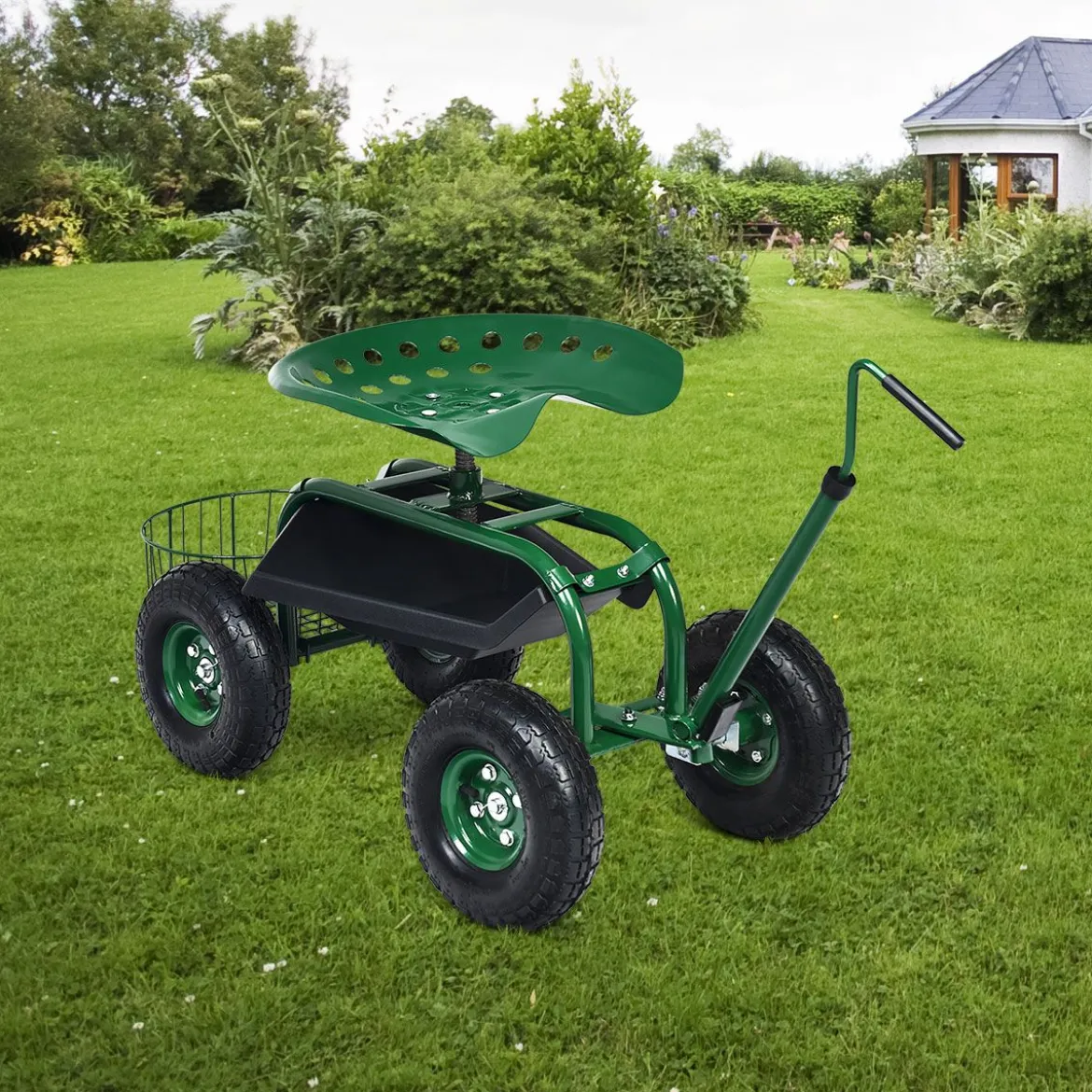 Rollsitz mit Rollen & Ausziehbarem Griff & Korb 360° Drehbare Gartenwagen Gartensitz Gartenrollsitz
