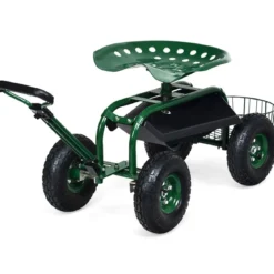 Rollsitz mit Rollen & Ausziehbarem Griff & Korb 360° Drehbare Gartenwagen Gartensitz Gartenrollsitz