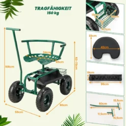 Rollsitz mit Rollen 360 ° drehbar höhenverstellbar mobiler Gartensitz 90 x 59 x 106 cm Grün