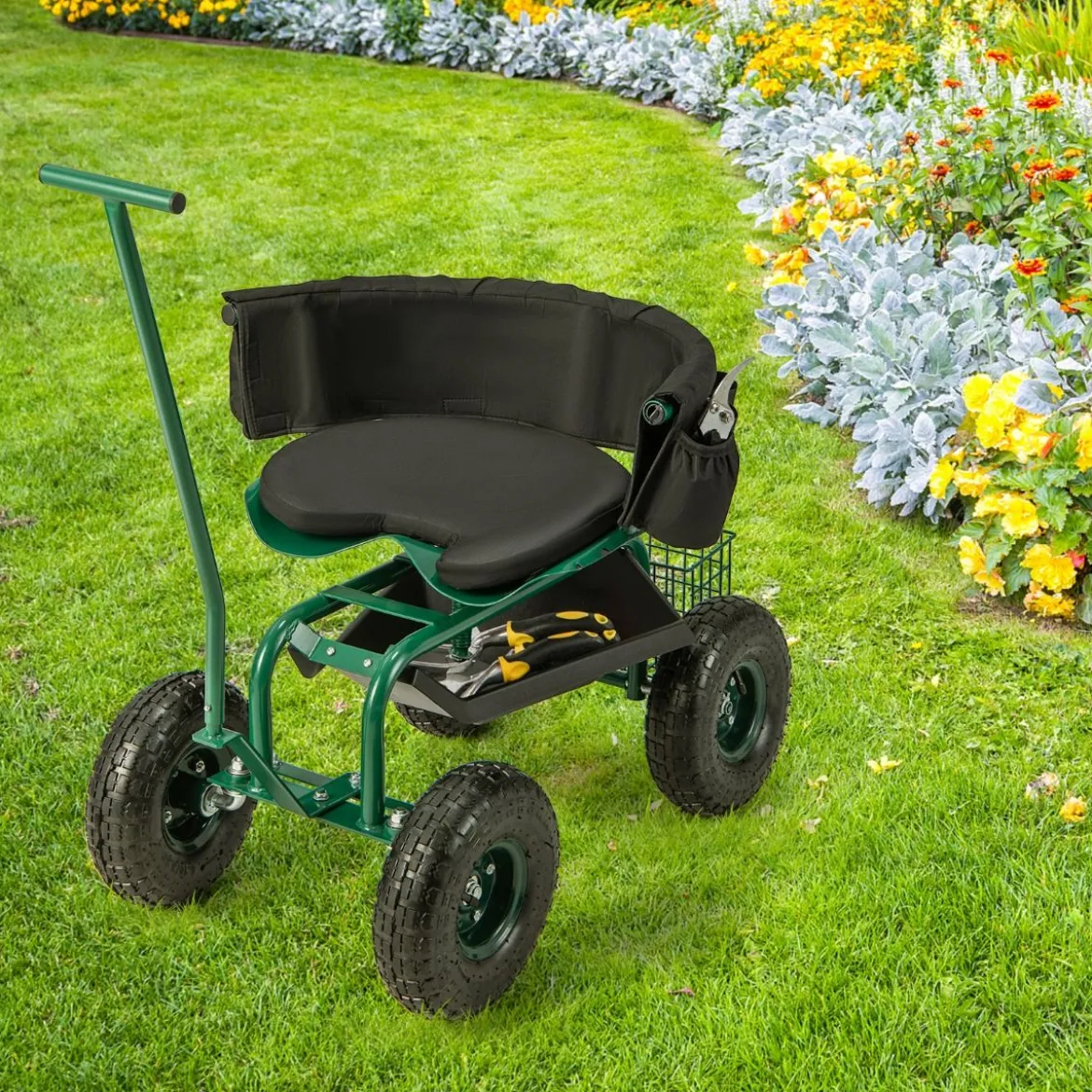 Rollsitz mit Rollen 360 ° drehbar höhenverstellbar mobiler Gartensitz 90 x 59 x 106 cm Grün