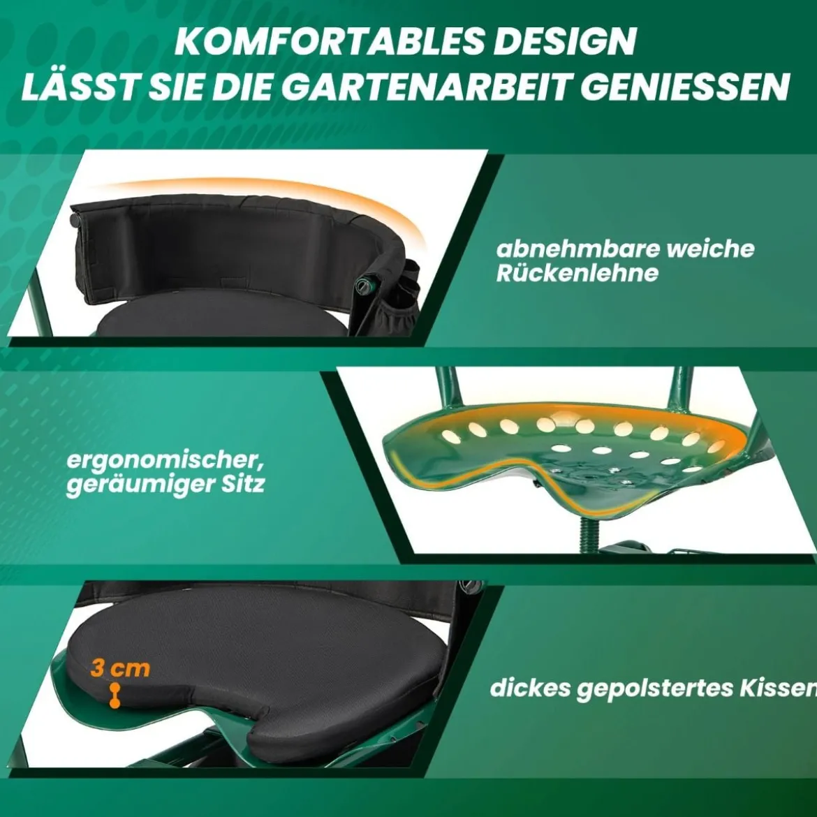 Rollsitz mit Rollen 360 ° drehbar höhenverstellbar mobiler Gartensitz 90 x 59 x 106 cm Grün