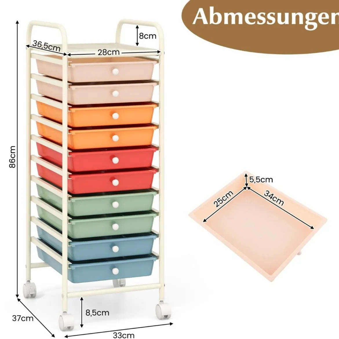 Rollwagen Bad Rollcontainer Beistellwagen mit 10 Schubladen Transparent/Bunt/Schwarz/Gelb 33 x 37 x 86 cm