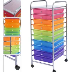 Rollwagen Bad Rollcontainer Beistellwagen mit 10 Schubladen Transparent/Bunt/Schwarz/Gelb 33 x 37 x 86 cm