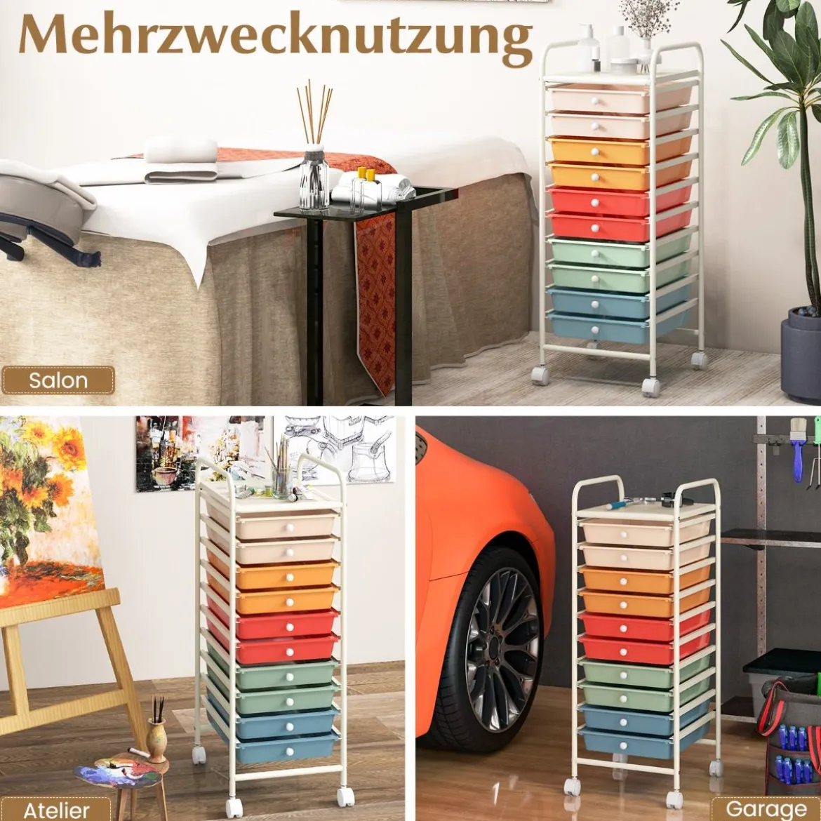 Rollwagen Bad Rollcontainer Beistellwagen mit 10 Schubladen Transparent/Bunt/Schwarz/Gelb 33 x 37 x 86 cm