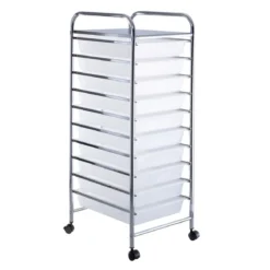 Rollwagen Bad Rollcontainer Beistellwagen mit 10 Schubladen Transparent/Bunt/Schwarz/Gelb 33 x 37 x 86 cm