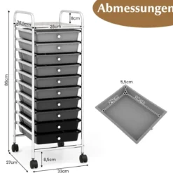 Rollwagen Bad Rollcontainer Beistellwagen mit 10 Schubladen Transparent/Bunt/Schwarz/Gelb 33 x 37 x 86 cm