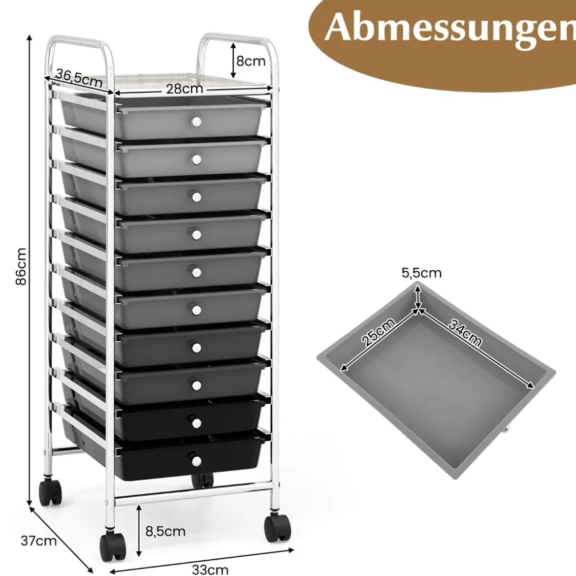 Rollwagen Bad Rollcontainer Beistellwagen mit 10 Schubladen Transparent/Bunt/Schwarz/Gelb 33 x 37 x 86 cm