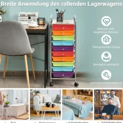 Rollwagen Bad Rollcontainer Beistellwagen mit 10 Schubladen Transparent/Bunt/Schwarz/Gelb 33 x 37 x 86 cm