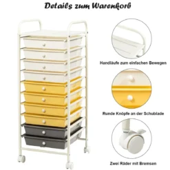 Rollwagen Bad Rollcontainer Beistellwagen mit 10 Schubladen Transparent/Bunt/Schwarz/Gelb 33 x 37 x 86 cm
