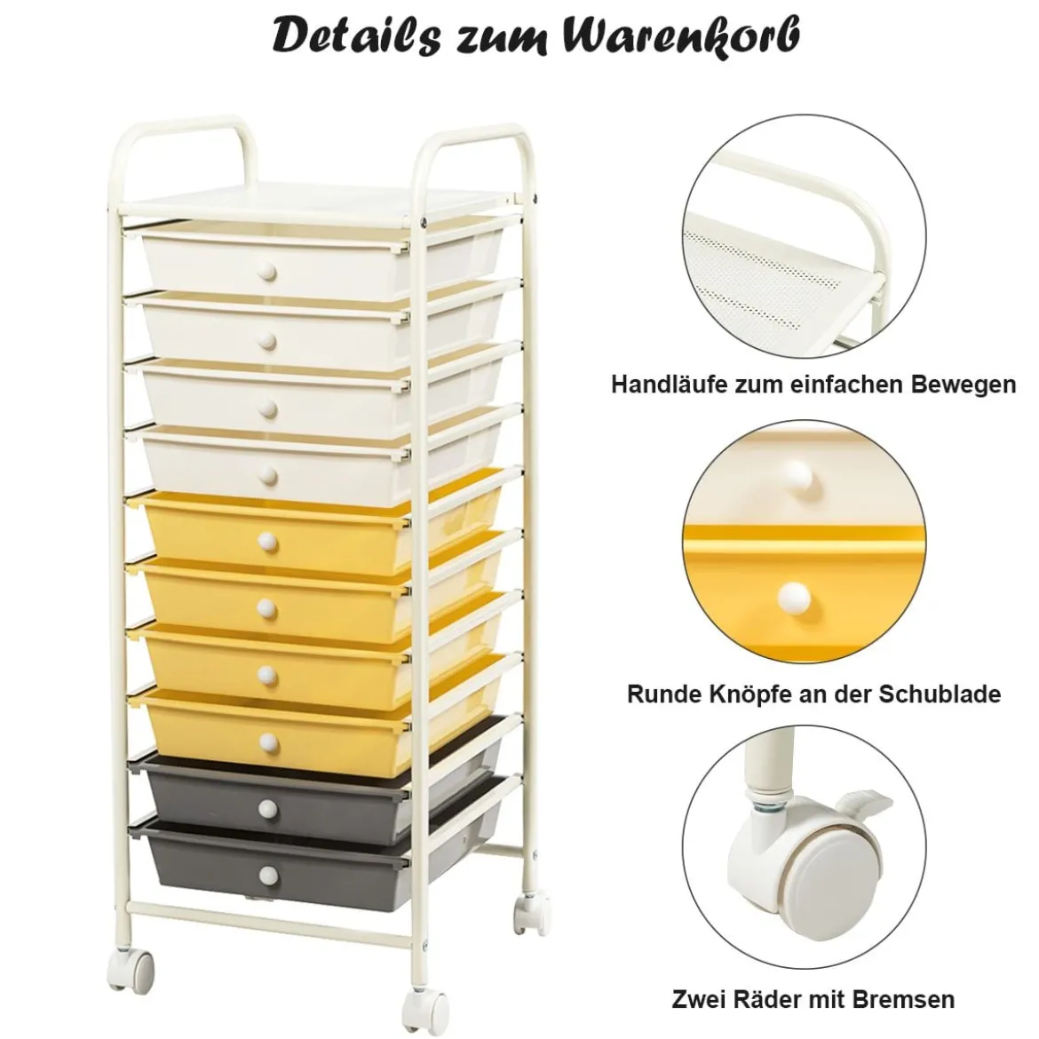 Rollwagen Bad Rollcontainer Beistellwagen mit 10 Schubladen Transparent/Bunt/Schwarz/Gelb 33 x 37 x 86 cm