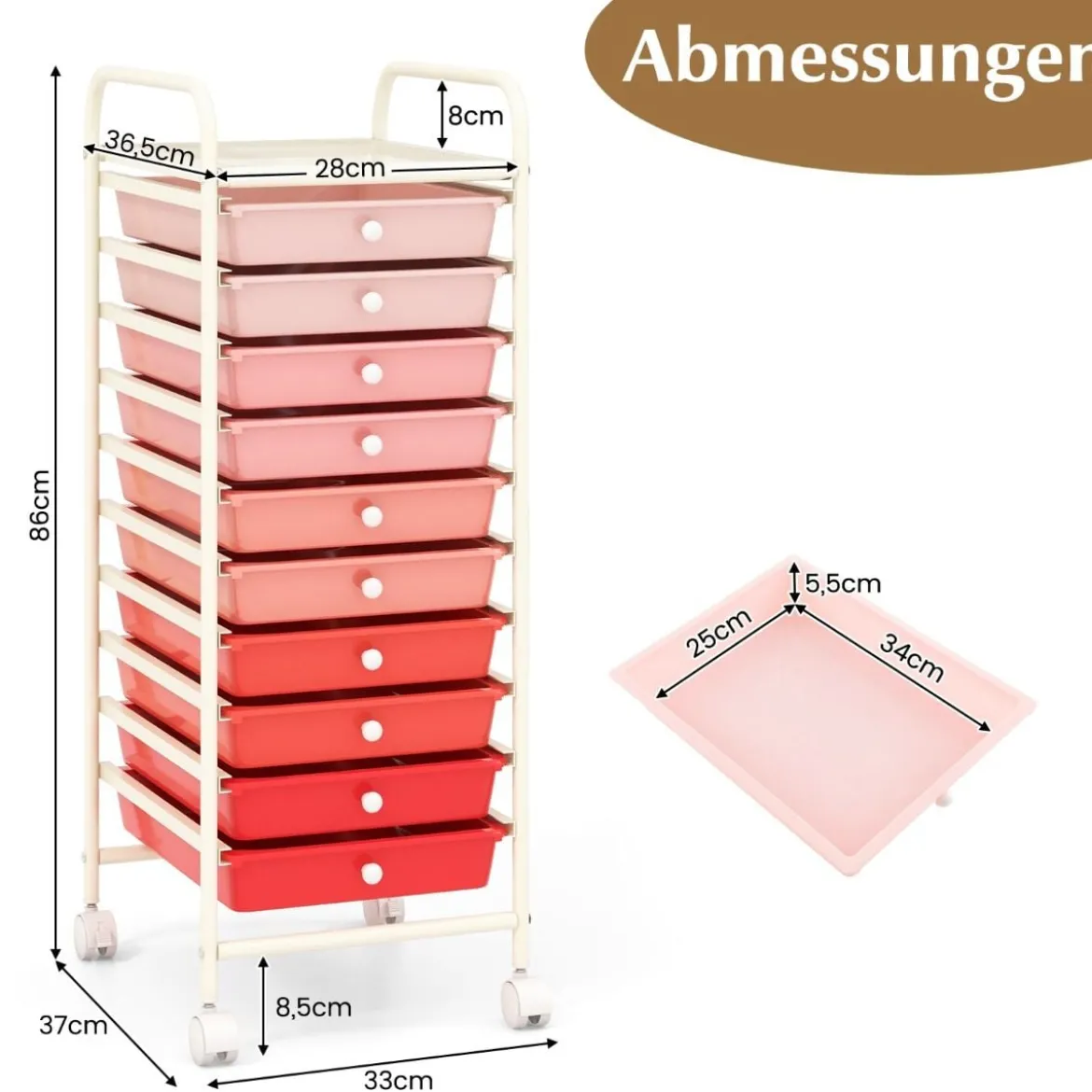 Rollwagen Bad Rollcontainer Beistellwagen mit 10 Schubladen Transparent/Bunt/Schwarz/Gelb 33 x 37 x 86 cm