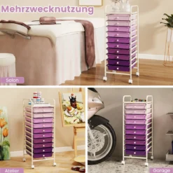 Rollwagen Bad Rollcontainer Beistellwagen mit 10 Schubladen Transparent/Bunt/Schwarz/Gelb 33 x 37 x 86 cm