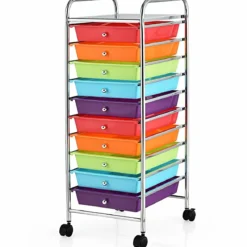 Rollwagen Bad Rollcontainer Beistellwagen mit 10 Schubladen Transparent/Bunt/Schwarz/Gelb 33 x 37 x 86 cm