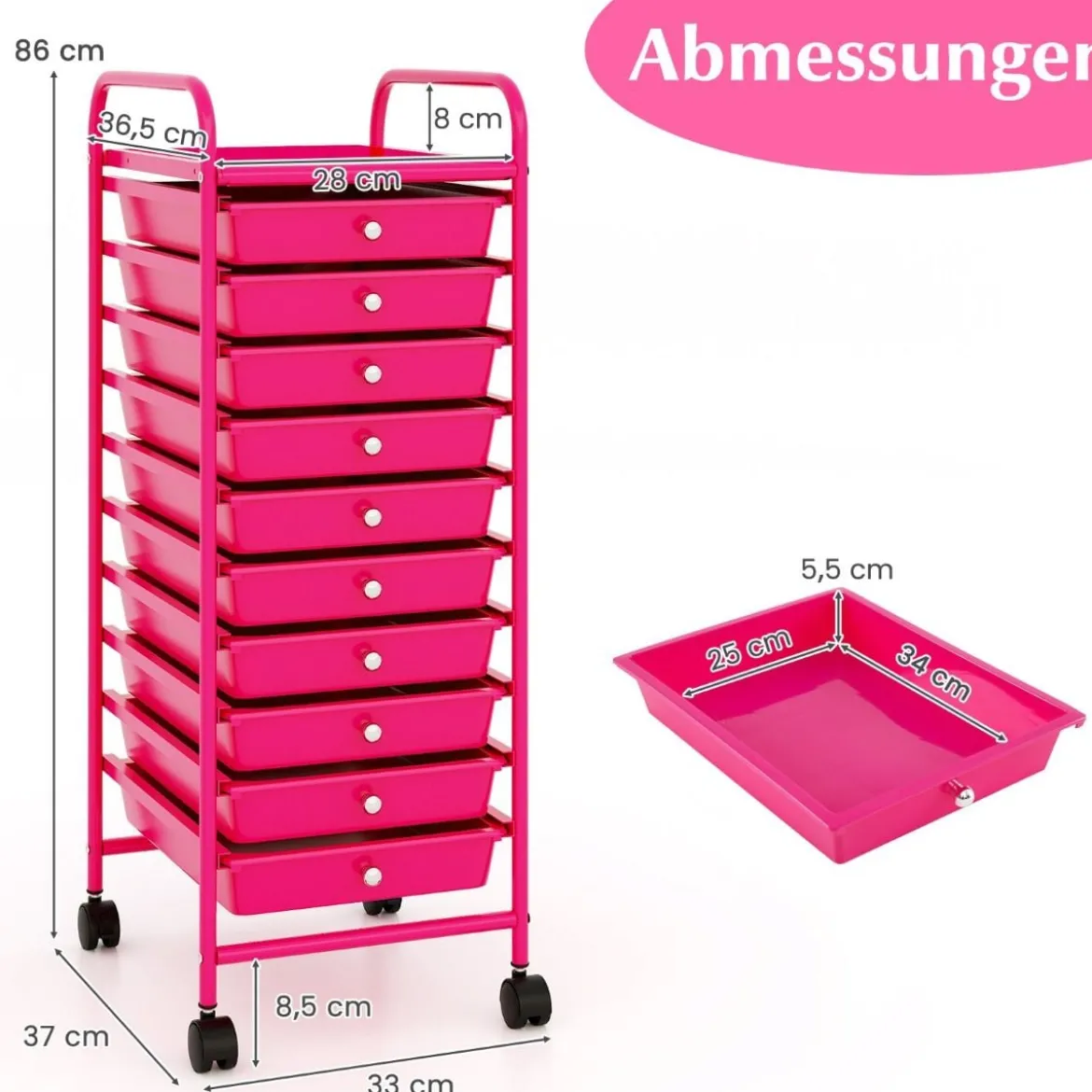 Rollwagen Bad Rollcontainer Beistellwagen mit 10 Schubladen Transparent/Bunt/Schwarz/Gelb 33 x 37 x 86 cm