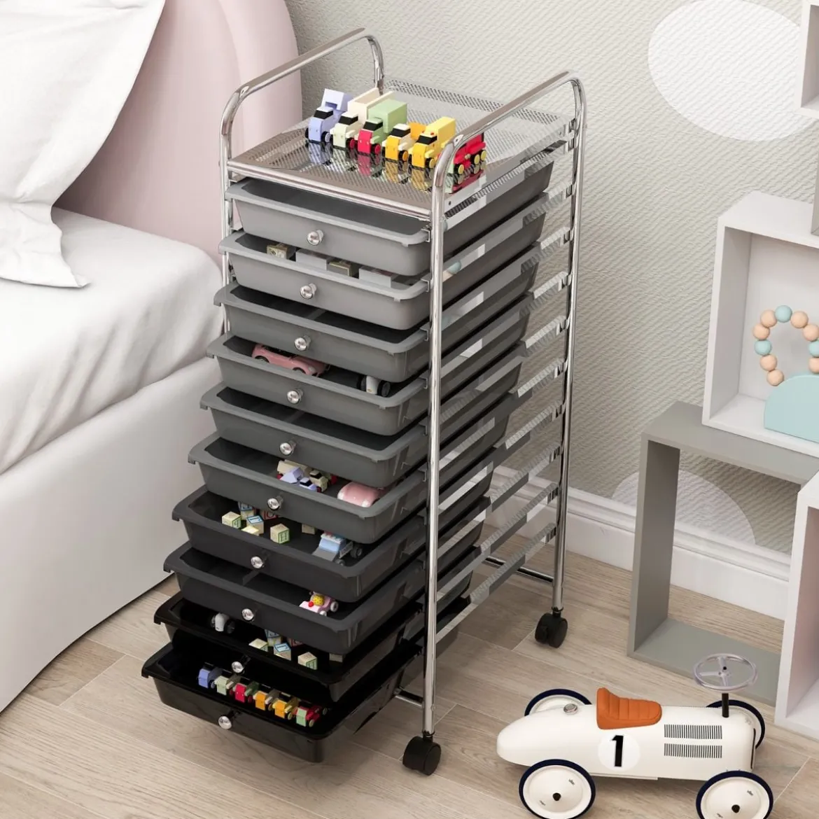 Rollwagen Bad Rollcontainer Beistellwagen mit 10 Schubladen Transparent/Bunt/Schwarz/Gelb 33 x 37 x 86 cm