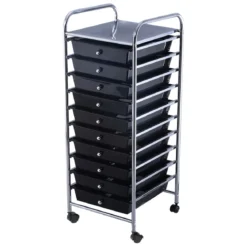 Rollwagen Bad Rollcontainer Beistellwagen mit 10 Schubladen Transparent/Bunt/Schwarz/Gelb 33 x 37 x 86 cm
