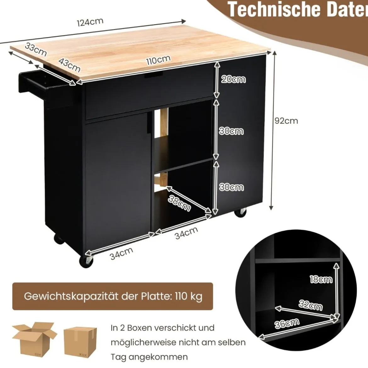 Rollwagen Kücheninsel mit Ausziehbarer Arbeitsfläche 124 x 76 x 92 cm Schwarz